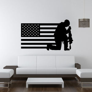 American flag and kneeling soldier wall decal, black and white silhouette