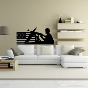 U.S. flag wall decal with machine gun soldier silhouette