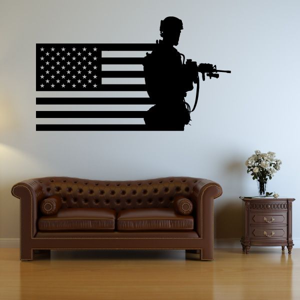 US flag wall decal with soldier silhouette holding a rifle