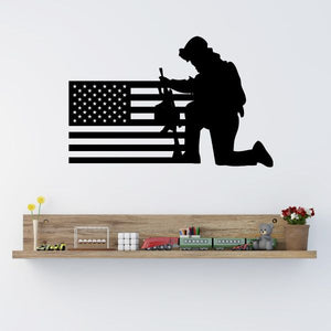 America flag and praying soldier wall decal with black silhouette and stars-and-stripes design