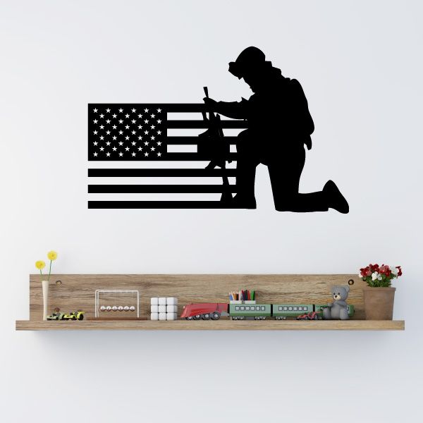 America flag and praying soldier wall decal with black silhouette and stars-and-stripes design