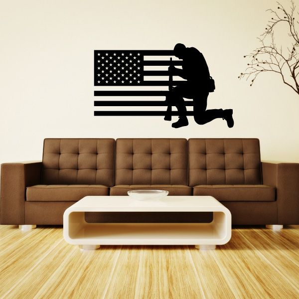 Praying soldier and American flag wall decal with rifle silhouette