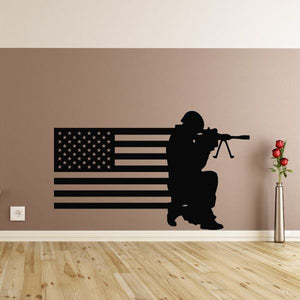 American flag wall decal with black prone soldier holding rifle