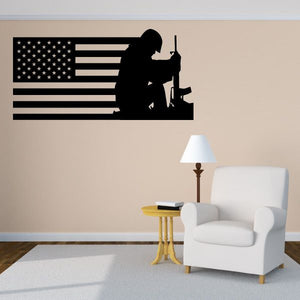 US flag and soldier silhouette wall decal, black design with stars and stripes