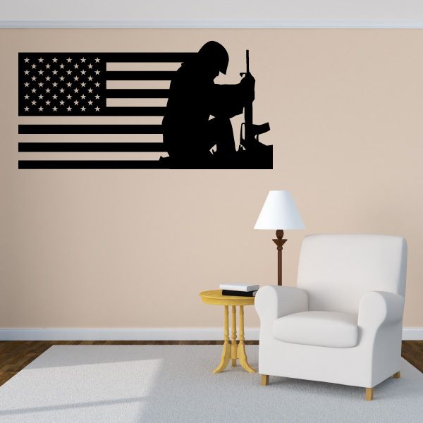 US flag and soldier silhouette wall decal, black design with stars and stripes