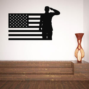 US flag salute decal with black soldier silhouette saluting and flag stripes