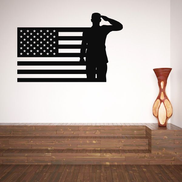 US flag salute decal with black soldier silhouette saluting and flag stripes