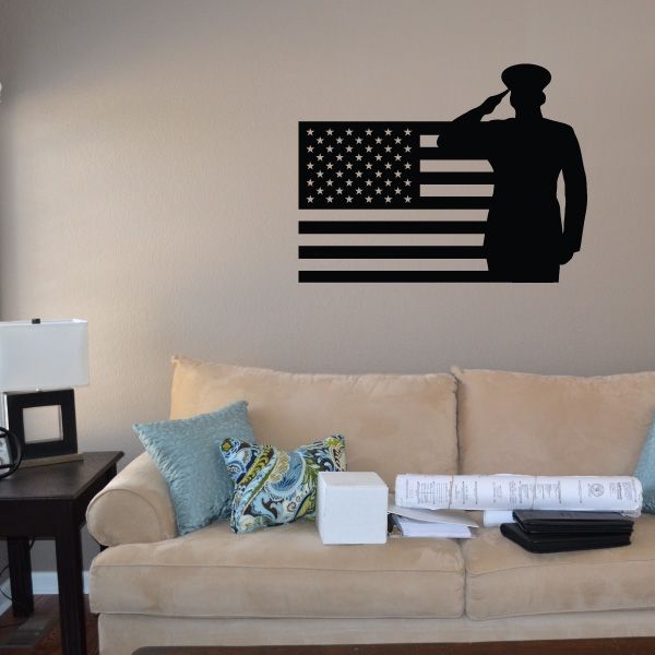Patriotic America flag and saluting marine silhouette wall decal