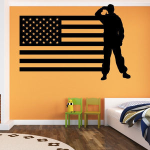 American flag and saluting soldier wall decal, patriotic stars and stripes design