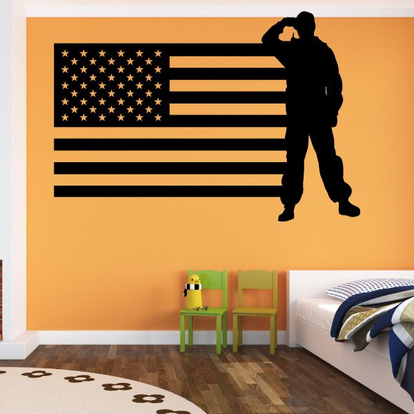 American flag and saluting soldier wall decal, patriotic stars and stripes design
