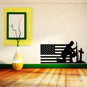 American flag wall decal with soldier silhouette and cross