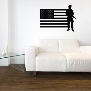 American flag and soldier silhouette wall decal, black and red stars and stripes