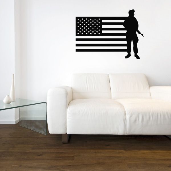 American flag and soldier silhouette wall decal, black and red stars and stripes