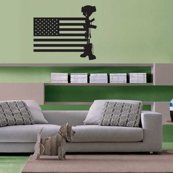 America flag and soldier memorial decal with silhouetted soldier holding rifle