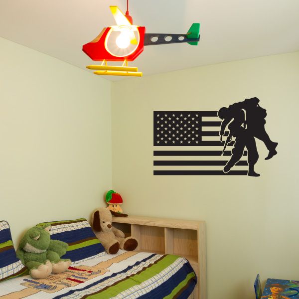 America flag and soldier rescue wall decal with stars, stripes, and soldier silhouette
