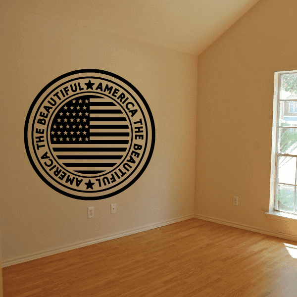 Round America the Beautiful wall decal with black seal, stars and striped shield