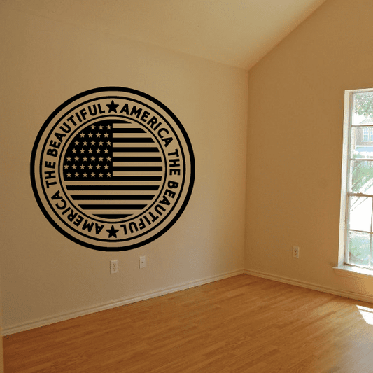Round America the Beautiful wall decal with black seal, stars and striped shield