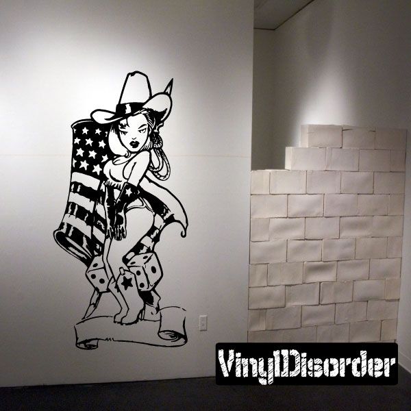 Cowgirl tattoo decal, black-and-white graphic of a cowboy hat woman with stars and boots