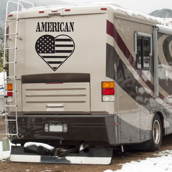 Heart-shaped American flag decal with AMERICAN text on RV side