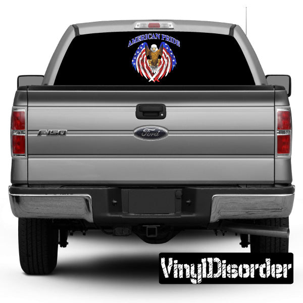 Pickup rear window graphic decal with American Pride eagle and flag emblem
