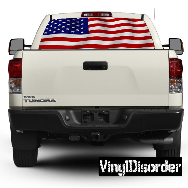 Truck rear window graphic featuring an American flag with stars and red stripes