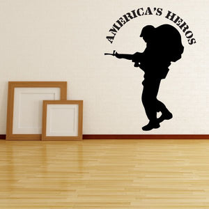 Wall decal of black soldier silhouette with circular "America's Heros" text