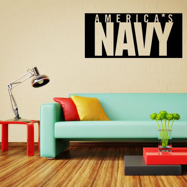 America's Navy wall decal with bold white lettering on black rectangular background