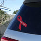 Red awareness ribbon vinyl sticker with diagonal banner text
