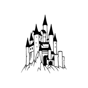 Ancient castle decal, black and white line art with tall towers and battlements