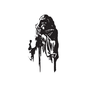 Dark wizard character decal with long beard and draped cloak, black silhouette