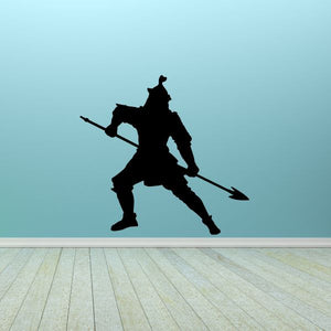 Ancient Eastern spearman decal, black silhouette warrior holding spear and shield