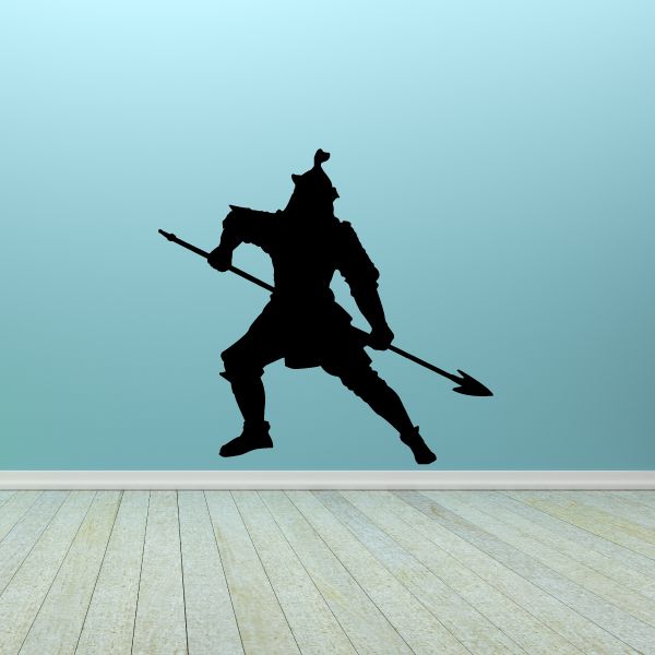 Ancient Eastern spearman decal, black silhouette warrior holding spear and shield