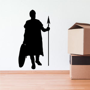 Ancient Roman spearman wall decal, black silhouette holding a raised spear