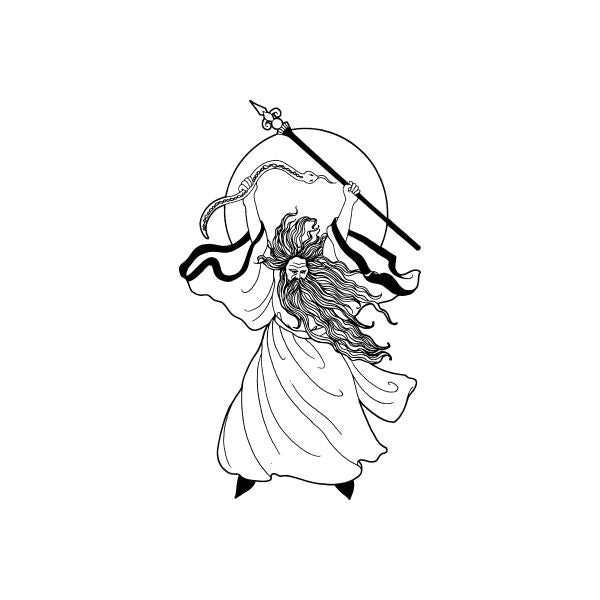 Ancient wizard decal with staff and coiled serpent illustration in line art