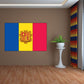 Andorra flag sticker with blue, yellow, and red vertical stripes and a central coat of arms
