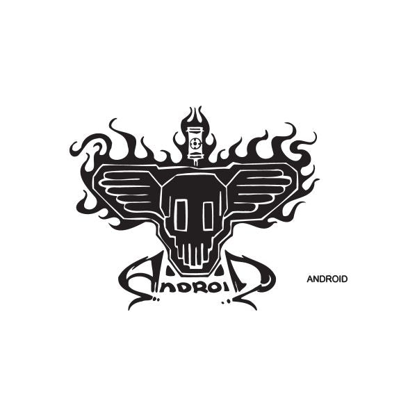 Android graffiti decal with black robot head, wing flames, and ANDROID text