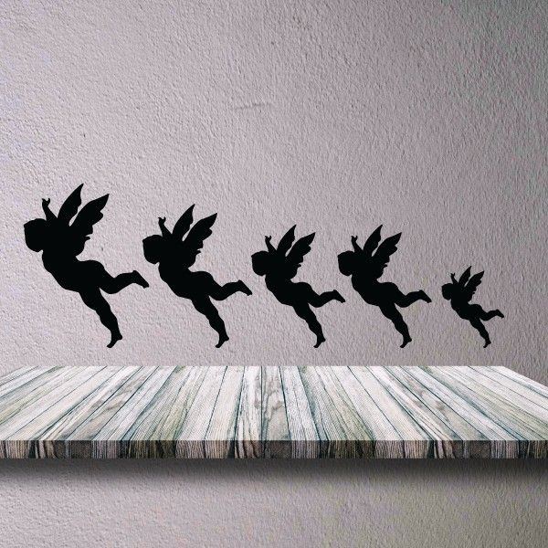 Flying angel family wall decal set with five black angel silhouettes