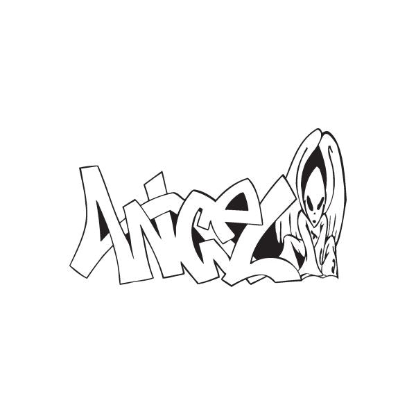 Angel graffiti decal with black-and-white angel face and stylized lettering