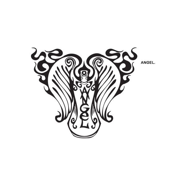 Angel spray paint can decal with black stylized angel wings and face line art