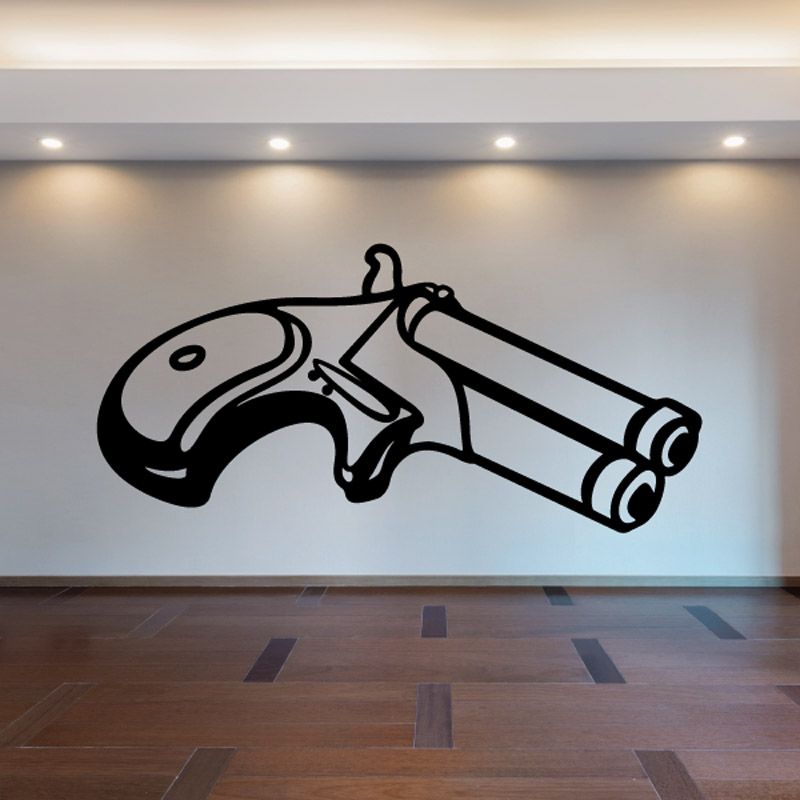 Angled derringer decal, black outlined handgun illustration on light surface