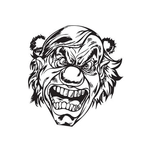 Angry clown head decal, black-and-white line art with grimacing open mouth