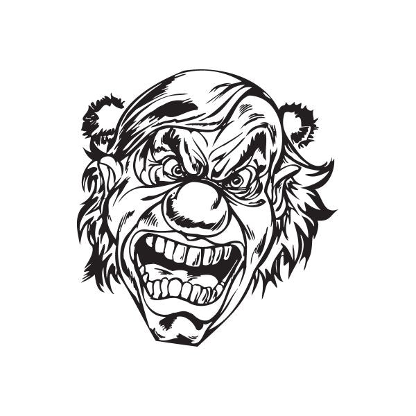 Angry clown head decal, black-and-white line art with grimacing open mouth