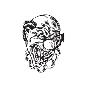 Angry bald clown head decal sticker in black and white line art