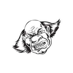 Angry bald clown head decal, black-and-white cartoon face with open grin
