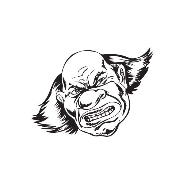 Angry bald clown head decal, black-and-white cartoon face with open grin