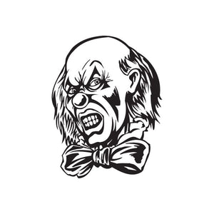 Angry bald clown decal with bow tie, black-and-white face illustration