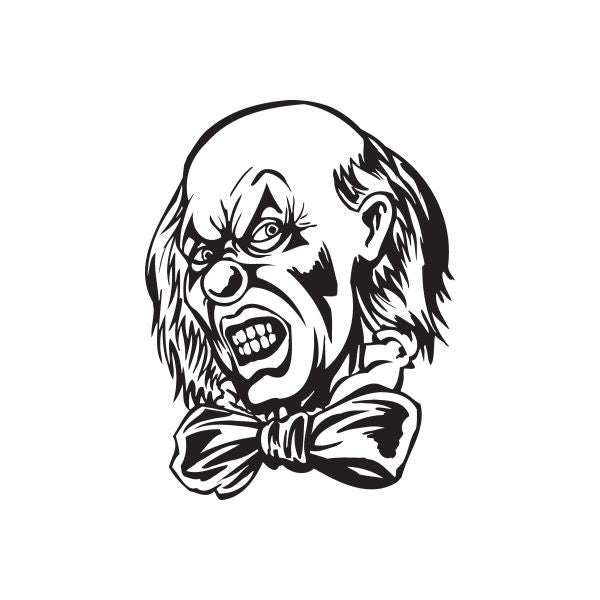 Angry bald clown decal with bow tie, black-and-white face illustration