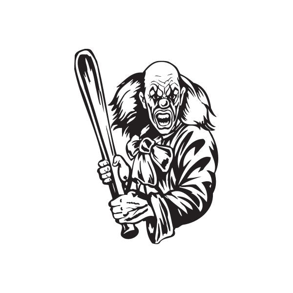 Angry clown decal featuring a snarling clown holding a baseball bat, black-and-white