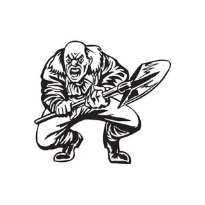 Angry clown with shovel decal, black-and-white line art