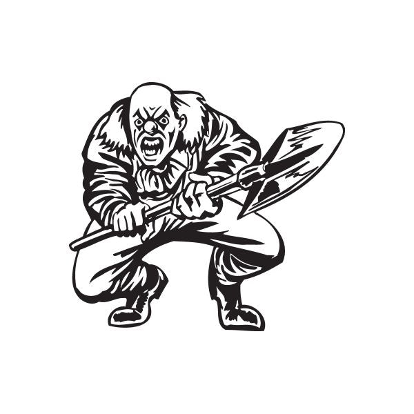 Angry clown with shovel decal, black-and-white line art